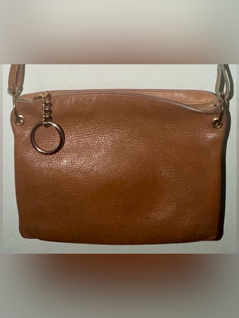 Jimmy Choo Rubie Gold Ring Camel Pebbled Leather Crossbody Bag Purse w/Auth Card